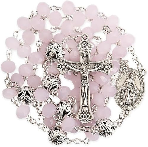 Nazareth Store 8mm Crystal & 10mm Alloy Mystery Prayer Beads Rosary Necklace St. Miraculous Medal and Catholic Cross (Pink Jade)