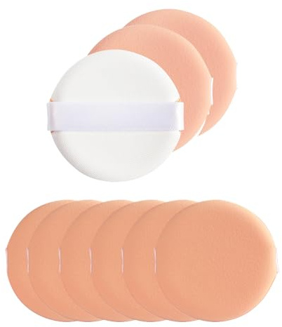 Borlas de polvo redondas, 9 unidades, almohadillas de maquillaje en polvo, almohadillas de aire, base de esponja con correas, borlas lavables con cara grande para polvos sueltos, cosméticos suaves