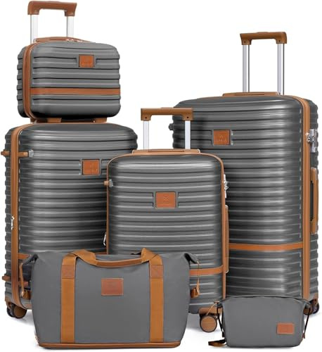 Joyway Kofferset Reisekoffer Set 6tlg Hartschale mit Beautycase Kosmetikkoffe mit 4 Rollen und TSA-Schloss Der Gepäcksets Enthält 1 Reisetasche und 1 Kulturbeutel Grau