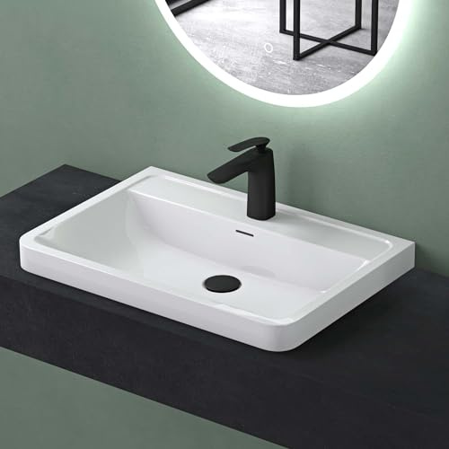 Mai & Mai Waschbecken Einbauwaschbecken 60cm Rechteckige Waschschale aus Mineralguss Weiß glänzend mit Überlauf Colossum08