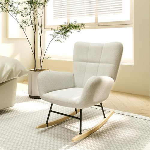 Youyijia Rocking Chairs for Adults, Teddy Fleece Nursery Rocking Chair Relaxing Recliner Chair with Solid Wood Legs High Back Lounge Chairs for Balcony Living Room Bedroom (Six Lattice)