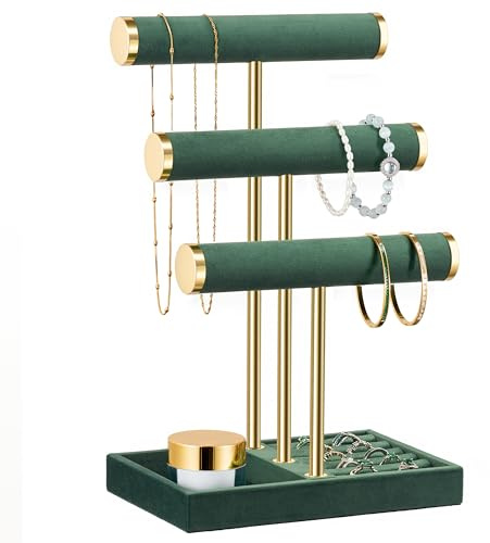 bussdis 3 Tier Bracelet Holder Display - Detachable T Bar Dark Green Velvet Bracelet Holder, Jewelry Holder Organizer for Bracelet, Necklace, Watches, Rings