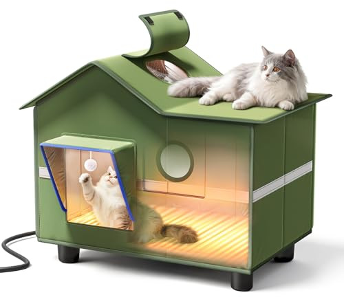 Heated Cat Shelter for Outside, Large Outdoor Cat House with Roof Window and Cozy Cushion, Weatherproof Foldable and Easy Assembly Design, Ideal for Stray and Feral Cats