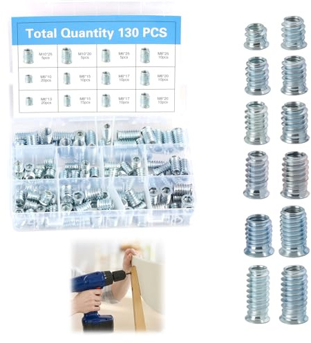 130 Piezas Insertos Rosacados M6 M8 M10 para Madera, Tuercas Atornillables, Insertos de Acero Galvanizado para Muebles Caja de Almacenamiento, Manchones para Proyectos de Carpintería