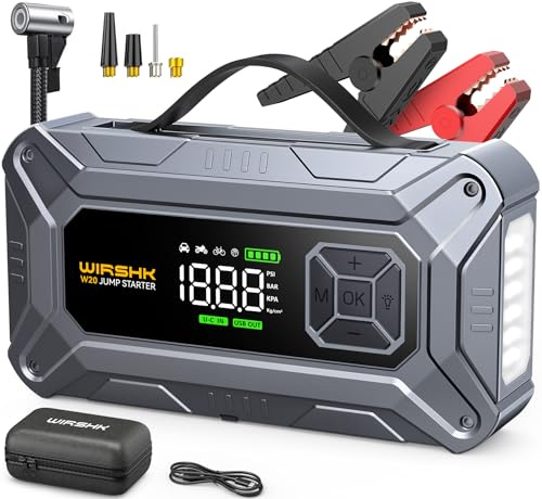 WIRSHK Booster Avviamento Auto con Compressore 8000A 160PSI,27000mAh, Booster Avviamento Auto/Moto per 10.0L Gas/8.0L Diesel, 12V Starter Batteria con Ricarica Rapida 18W,Torcia