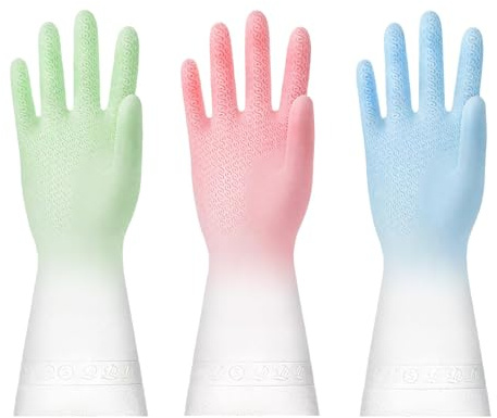 3 Pairs Washing Up Gloves 3 Colors PVC Kitchen Gloves Reusable Waterproof Rubber Kitchen Dishwashing Gloves for Washing Dishes Laundry Gardening (Blue+Pink+Green Size M)