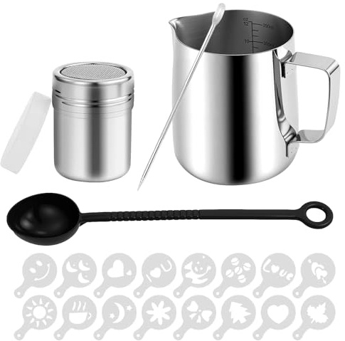 Brocca per latte in acciaio inox da 350 ml con indicatore di misurazione, accessori barista, caraffa per caffè crema latte, montalatte in acciaio inox, penna a latte, stencil per cappuccino