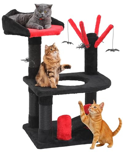 DWVO 61.5 cm Gothic Indoor Cat Tree with Bed, Spider Hanging Ball, and Scratching Post, Black, Halloween