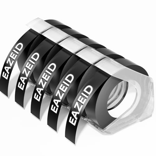 EazeID Prägegerät Etiketten Kompatibel mit Dymo Omega Etikettenband 9mm Prägeband Schwarz 3D, für Dymo Junior Home S0717930 S0717900 Etikettiergerät, Selbstklebendes Vinyl Schriftband, 5 Rollen