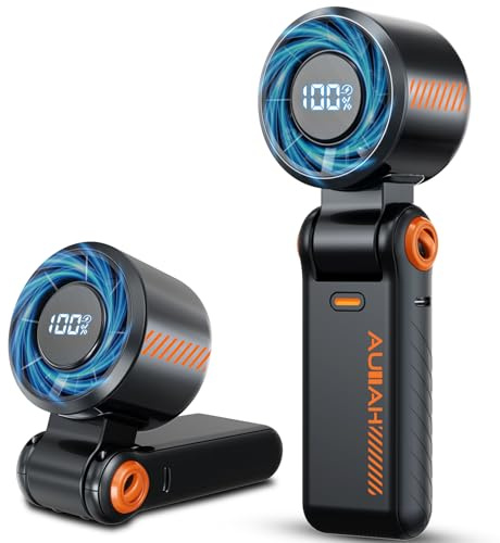 AUIIAH Turbo Ventilador portátil de mano, alta velocidad de 10 m/s, 5 velocidades, pantalla LED, 3 en 1, de mano, cuello y mesa, miniventilador para viajes, playa, trabajo y exteriores