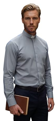 ALVIPERI - Camicia Prete Uomo Clericale con Colletto da Prete Bianco, Vestito da Prete, Sacerdote Predisposto per l'Inserimento del Collarino, Tessuto Easy-Care Stiro Facile (41, Grigio)