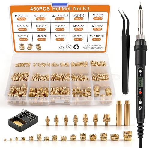Set di 450 inserti filettati, set di punte per saldatura, con temperatura regolabile, con 7 punte per saldatura e 2 adattatori e supporto per saldatore e pinzette, 450 inserti filettati M2 M2.5 M3 M4