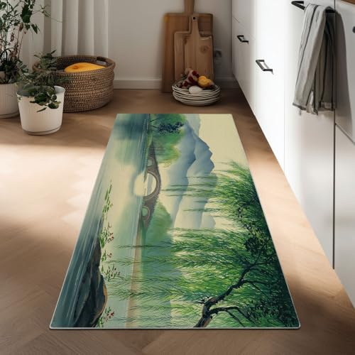 Pittura A Inchiostro Tappeti Lungo Montagne Salici Piangenti Ponte Di Pietra 60 x 120 cm Corridoio Antiscivolo Tappeto, Tappeti Stretto Lavabile Da Cucina, Tappeto Lungo Ingresso Camera Da Letto