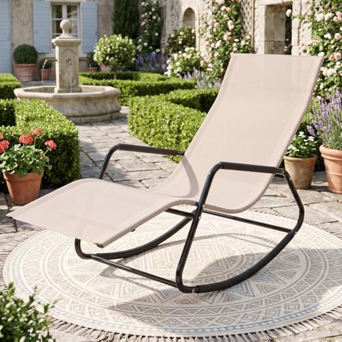 Multigot Rocking Sun Lounger, Zero Gravity Outdoor Chaise Lounge Chair with Curved Armrests, Metal Frame Rocking Deck Chair Leisure Fabric Sun Bed for Poolside Backyard (Beige)