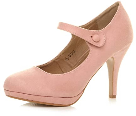 Womens Ladies mid high Heel Mary Jane Strap Evening Court Shoes Pumps, Baby Pink Suede, 7 UK