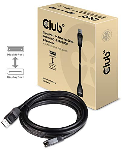 Club 3D DisplayPort 1.4 Extension Cable 8K60Hz DSC1.2 HBR3 HDR Bidirectional Male/Female 3 m