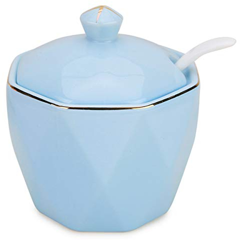Chase Chic Sucrier Porcelaine Bol à Sucre avec Couvercle et Cuillère en Céramique pour La Cuisine à La Maison Avec Garniture Dorée à Losanges Vintage 350ml (11.8oz) / Bleu