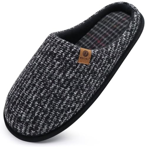 ONCAI Chaussons Homme Pantoufles à Rayures Hiver Chaussures Chaudes pour La Maison en Mousse à Mémoire de Forme, Laine en Peluche Doublée Avec Semelle en Caoutchouc Antidérapante Noir Taille 41