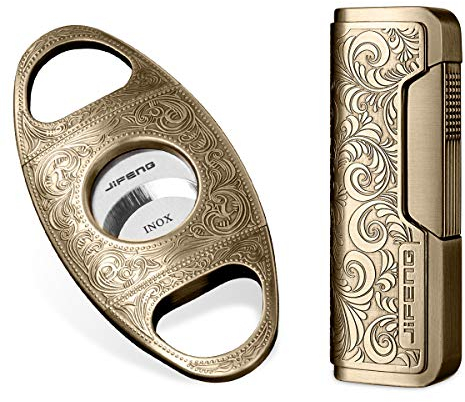 CIGARLOONG Zigarrenschneider und Feuerzeug Set Gold Schärfklinge Gravierte Zigarrencutter und Retro Geschnitztes Feuerzeug