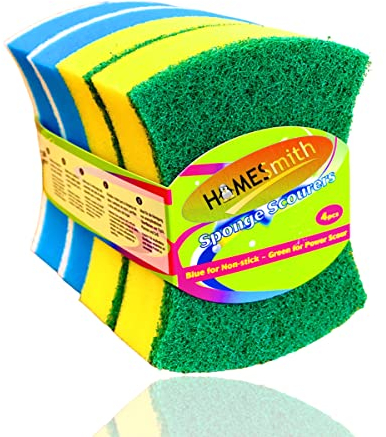 HOMESmith Heavy Duty Butterfly Washing Up Sponge Scourers ( Pack of 4 ), Yellow & Blue