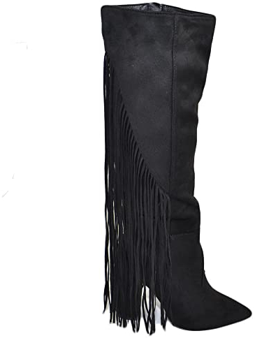 Stivali Donna Texani camoscio Nero con Frange Lunghe Dietro e Tacco Largo Altezza Ginocchio Moda Glamour Luxury (37 EU)