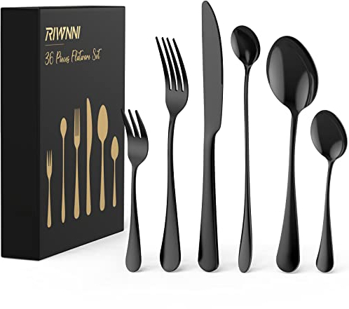 RIWNNI Set Posate 6 Persone,36 Pezzi in Acciaio Inox 18/8 da Tavola Includi Forchetta, Cucchiaio, Coltello, Forchetta per Insalata, Cucchiaio da Tè e da Dessert-Nero
