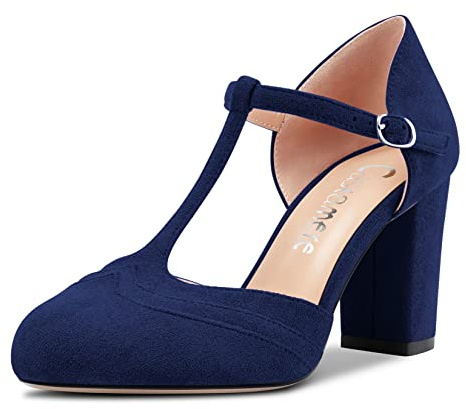 Castamere Donna Chunky Blocco Alto High Tacco Heel Rotonda Punta Pumps T-Strap Fibbia da Matrimonio Ufficio 8.5 CM Heels Blu Navy 42 EU