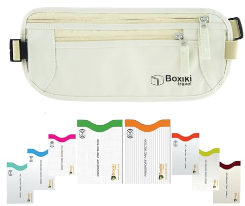Boxiki Travel Beiger Geldgürtel + 8 RFID-Blockierungshüllen in Marineblau (2 Reisepässe + 6 Kreditkarten)