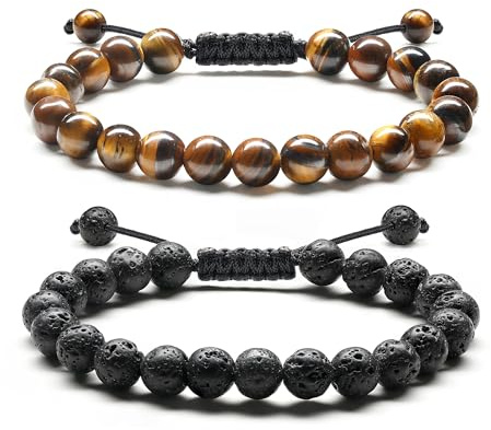 ADRAMATA Bracciale Uomo Pietre Naturali 8MM Ossidiana e Occhio di Tigre - Set Braccialetti Regolabili Con Perline - Gioielli Fatti a Mano - Regali per Uomo
