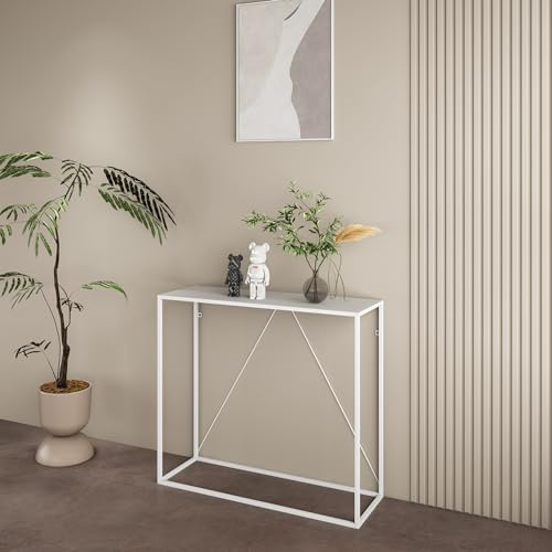 [en.casa] Tavolo a Consolle in Acciaio Mobile da Ingresso Corridoio 90 x 30 x 80 cm Consolle Stretto con Telaio Rettangolare e Piano di Appoggio - Bianco