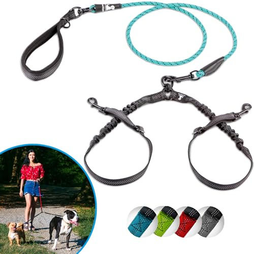 SparklyPets - Double Dog Bungee Rope Leash for 2 Small Dogs - Dual Dog Lead for Small Breeds - Soft Handles, No Tangle, Adjustable Couplers - Flow Leash, 2 Dogs Walking Accessory