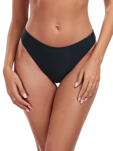 RELLECIGA Women's Black Mid Waisted High Cut Bikini Bottoms Size Medium