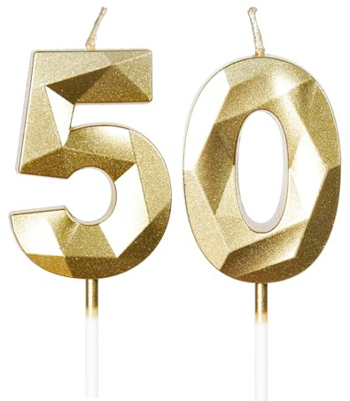 mciskin Gold 50th Birthday Candles, 3D Number 50 Candles for Cake, Women Men 50th Birthday Decorations,Pearl Gold Candle Cake Topper Decorations for Birthday Party Weddings Anniversary Supplies