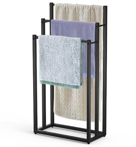 VOUNOT® Porte-Serviettes autoportant sur Pied Support à 3 Niveaux en Métal Rangement Stable pour Serviettes de Bain et Accessoires Idéal à Côté de la Douche Baignoire ou Lavabo Noir