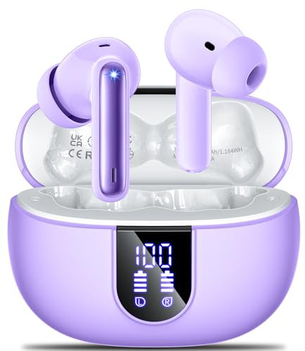 AOVOCE Auriculares Inalámbricos Bluetooth 5.3, HiFi Estéreo Con ENC Cancelación de Ruido, 42H de Duración, Control Táctil, Pantalla LED, Morado Claro