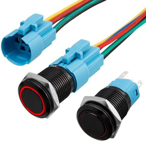 Treki 2 Stück 16mm Verriegelung Druckschalter mit Led 12v Beleuchtet Drucktaster mit 2-teilig Kabelbuchsenstecker, Wasserdicht Druckknopfschalter Schalter Tastend Flach Taster mit Symbol Licht (Rot)