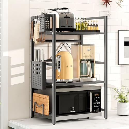 LZNIOZ Expandable 3-Tier Microwave Shelf with Hooks & Holders – Adjustable Heavy-Duty Microwave stand with Knife Holder, Cutlery Box & Cutting Board Rack (Black)