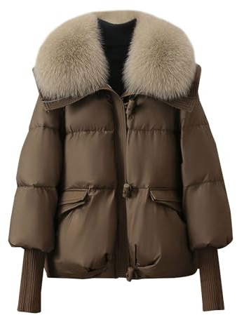 Abrigos Largos De Plumas Winter Collar Puffer Down Parka Loose Down Warmer Thicken Snow Jacket Pocket Zipper Faux Outerwear Chaqueta De Invierno Mujer Anorak Mujer Ligero (Coffee, XL)