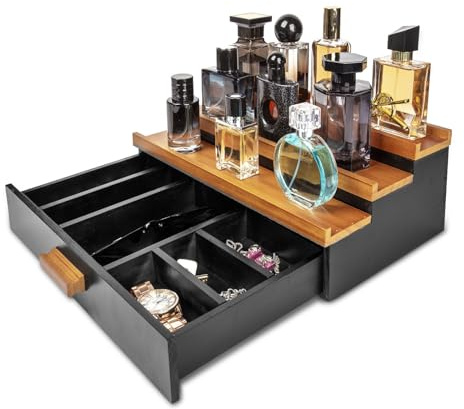 Cokritsm Organizer in legno di colonia per uomo e donna, espositore di colonia a 3 livelli con cassetto portaoggetti vassoio organizer per camera da letto, organizer per profumi