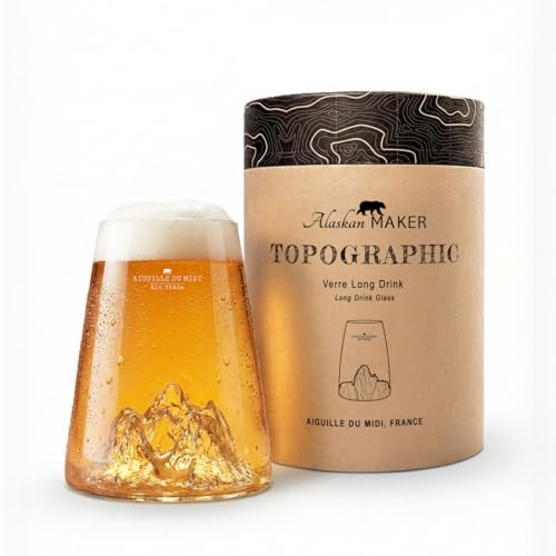 Alaskan MAKER Topographic Bicchiere in Vetro Borosilicato, 450 ml, con Rilievo Montagne Aiguille Du Midi, per Cocktail, Birra e Bevande