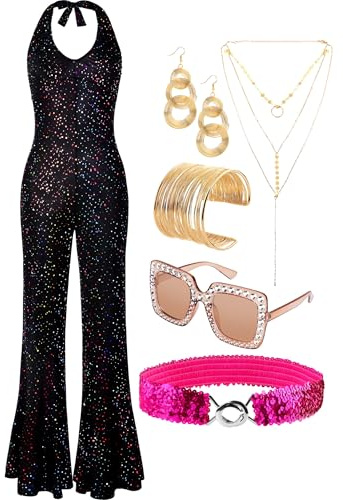 SOMSOC 70s Disco Jumpsuit Costumes Women Fashion Disco Accessories for Halloween Necklace Earrings Bracelet Glasses Belt