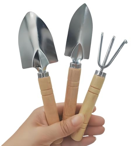3 Pcs Mini Garden Tools Set Small Tiny Shovel Trowel and Hand Rake with Solid Wood Handle Indoor Gardening Tools for Pot Plants Succulent Bonsai