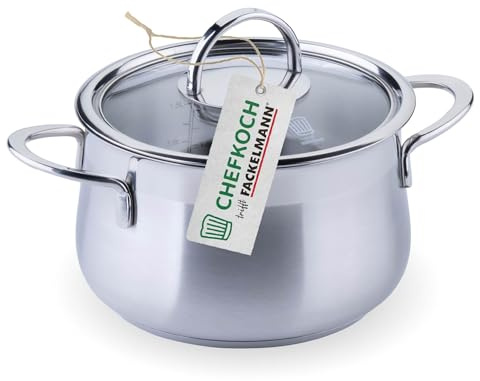 FACKELMANN Chefkoch Kochtopf mit Glasdeckel Leipzig – ø16cm, Edelstahl 18/8, Aluminium-Kern, für alle Herdarten inkl. Induktion – spülmaschinengeeignet