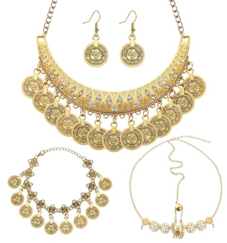 Collar Pulsera Tocado Pendientes Estilo Vintage, Conjunto de Joyas Estilo Boho para Mujer, Accesorios para Danza del Vientre Mujer para Carnavales Fiestas