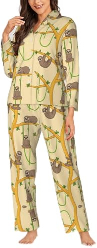 Migpkd Carino Del Fumetto Bradipi Pigiama Per Le Donne Set Manica Lunga Button Down Sleepwear 2 Pezzi Biancheria Da Notte Delle Donne Pjs Set, Nero , M