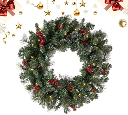 Ghirlanda natalizia illuminata – Ghirlanda artificiale da 45 cm, con gancio, bacche, ghirlanda natalizia con luci, per esterni, casa, portico, primavera, benvenuto, fattoria, vacanze invernali