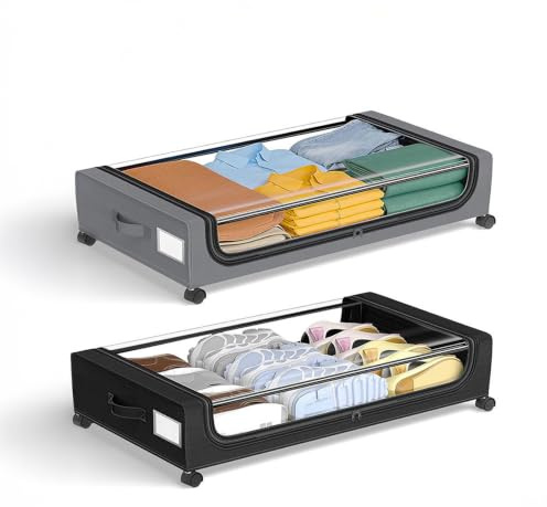 UKGator Under Bed Storage on Wheels Set of 2 (Grey & Black) | 600D Oxford Fabric Underbed Storage Boxes with Lids | Underbed Storage with Wheels & Clear Window | Clothes, Bedding & Shoe Storage