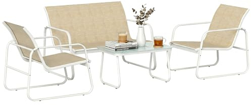 Outsunny Salon de Jardin 4 Pièces Extérieur, Kaki et Blanc