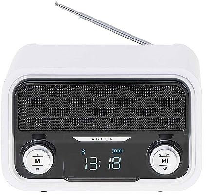 Adler AD1185 Radio Bluetooth, Sintonizador FM, Memoria 50 Emisoras, Reproducción MP3, Puerto USB y Tarjeta SD, Inalámbrica, Estilo Moderno, Portátil, Pantalla LCD, Blanco