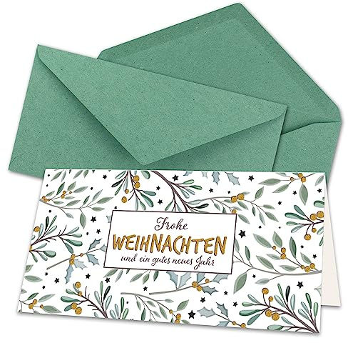 20x Weihnachtskarten-Set DIN Lang in Weiß mit Eukalyptus- und Mistelzweigen - Faltkarten mit Umschlägen DIN Lang Kraftpapier Eukalyptus mit Nassklebung - Weihnachtsgrüße für Firmen und Privat